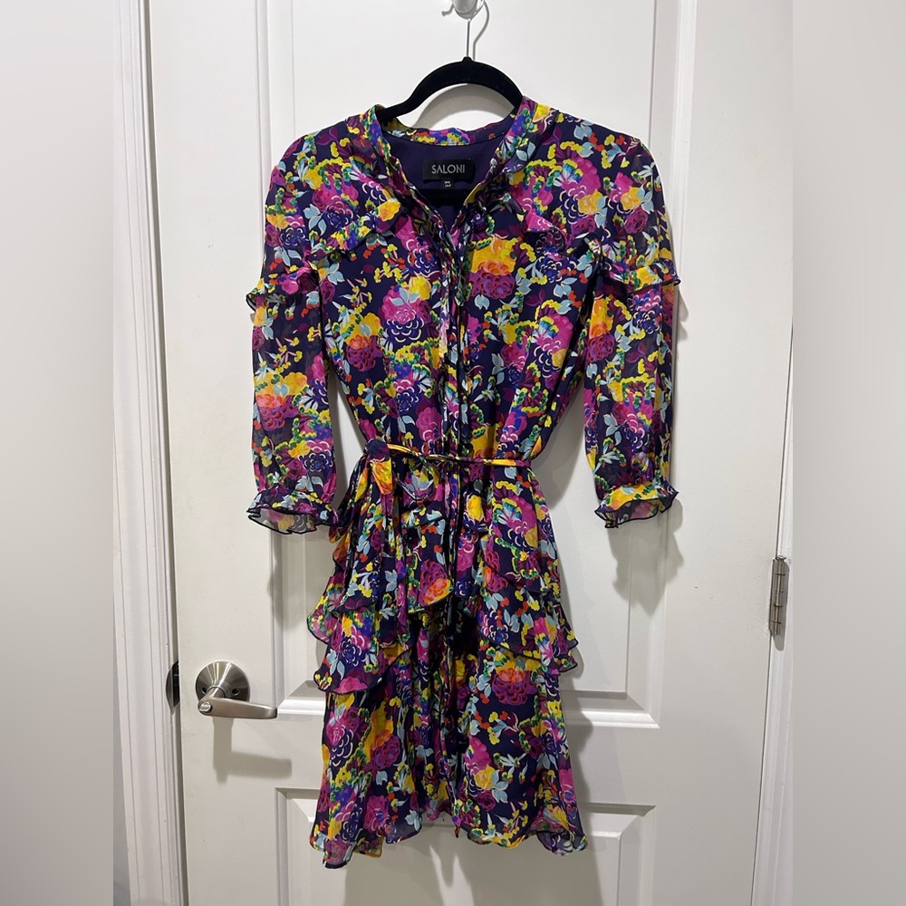 Saloni purple floral 3/4 sleeve mini dress